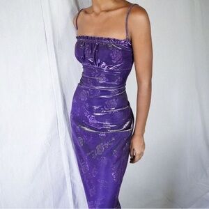 Vintage Purple Holographic Mesh Floral Midi Dress Y2K Size Large